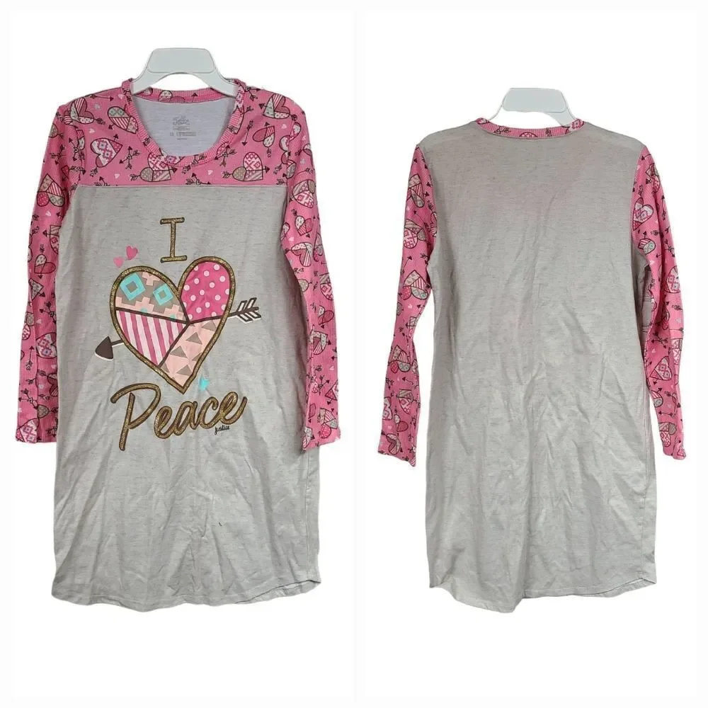 Justice Girls Nightgown I love Peace Pink Waffle Knit Heart Arrow Gown Pajamas